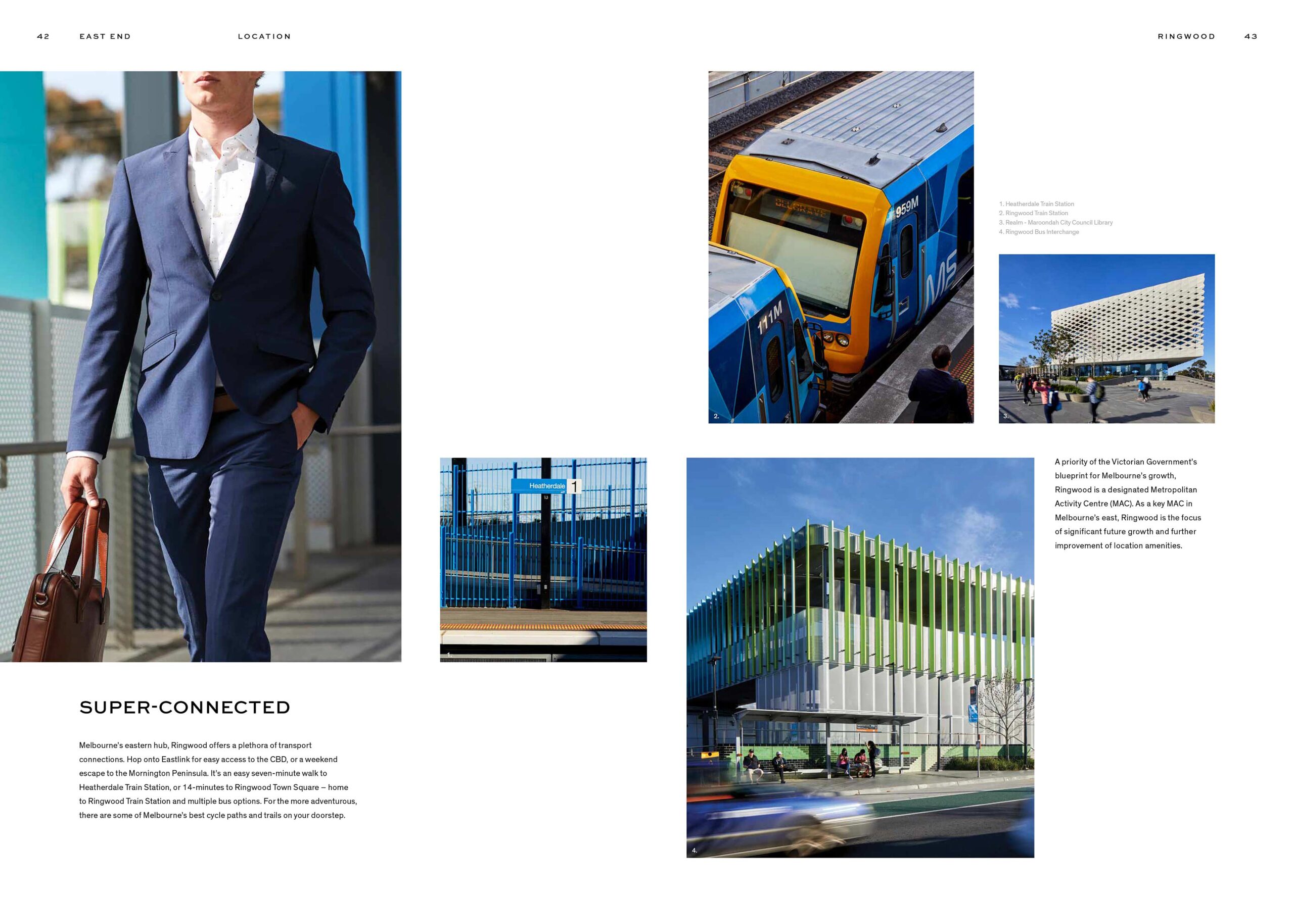 Lifestyle campaign photos of Melbourne suburb Ringwood, showing train stations shopping and man in business attire