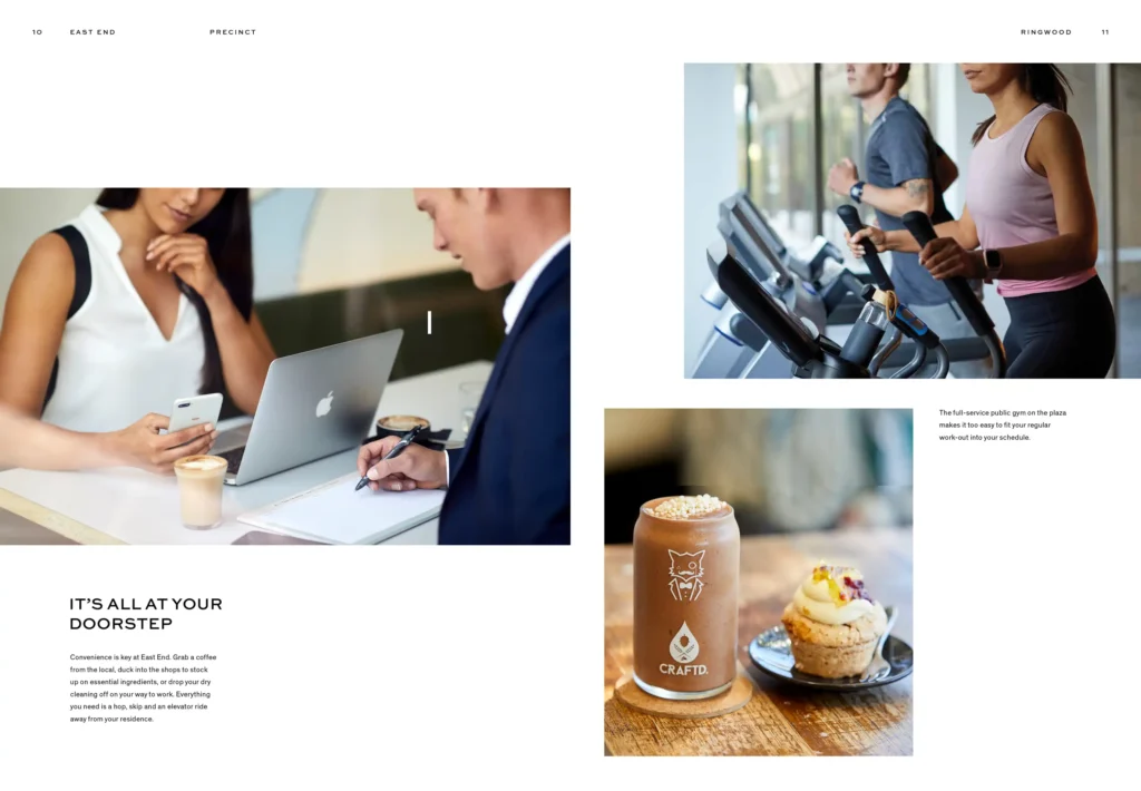 Corporate imagery of man and woman working at a café and exercising together