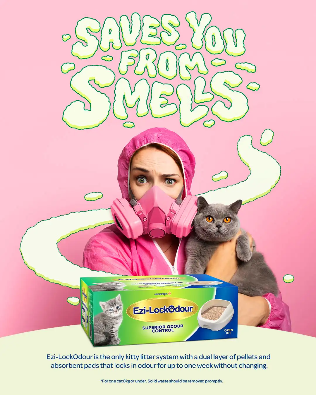 Commercial image advertisement for easy lock odor a woman holds a cat